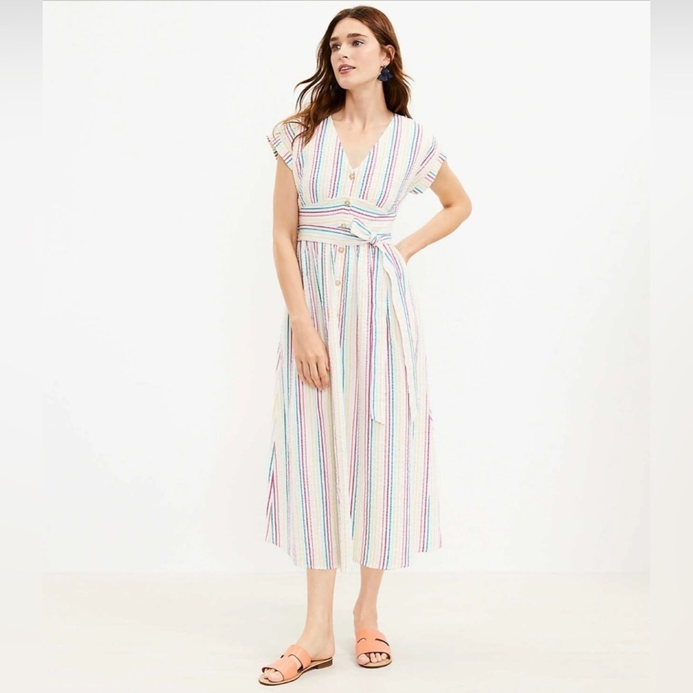 [Loft] Flirty White Striped Midi Dress